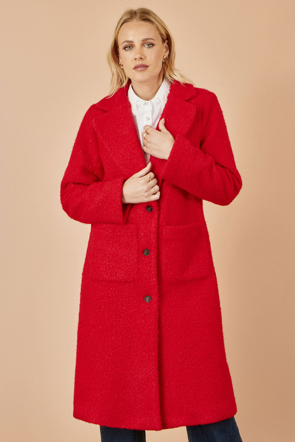 Red Boucle Long Line Coat - Miola