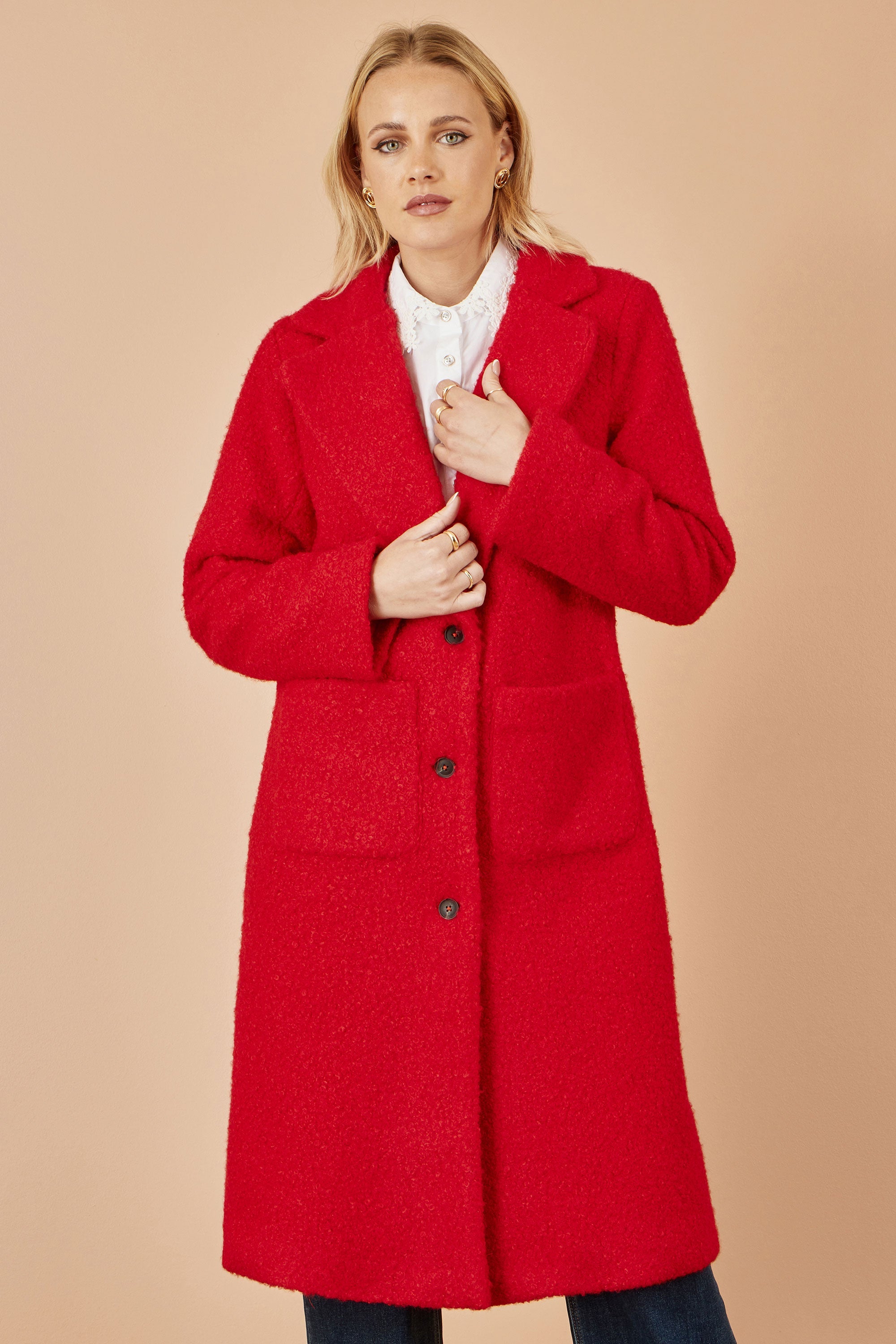 Red Boucle Long Line Coat - Miola