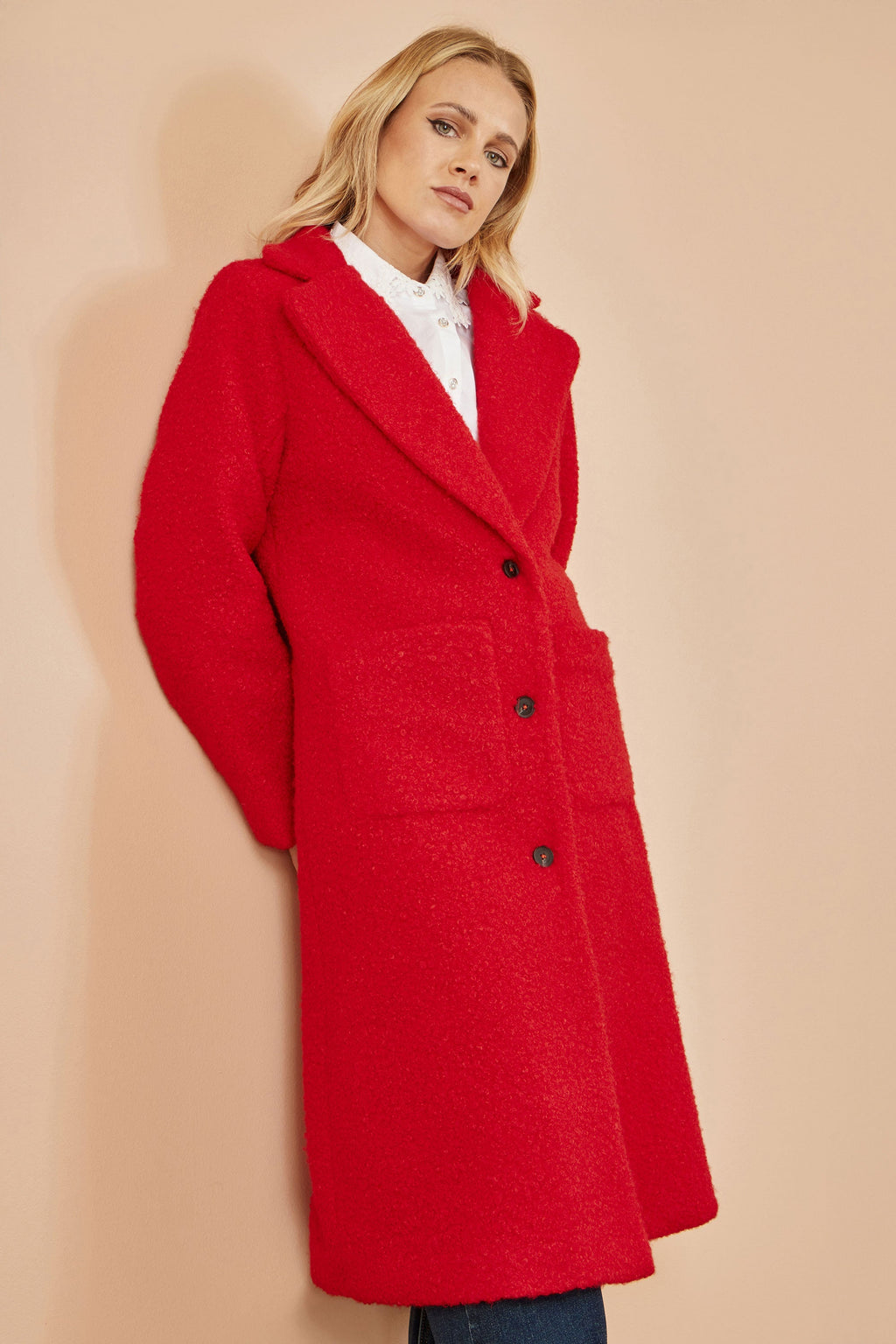 Red Boucle Long Line Coat - Miola
