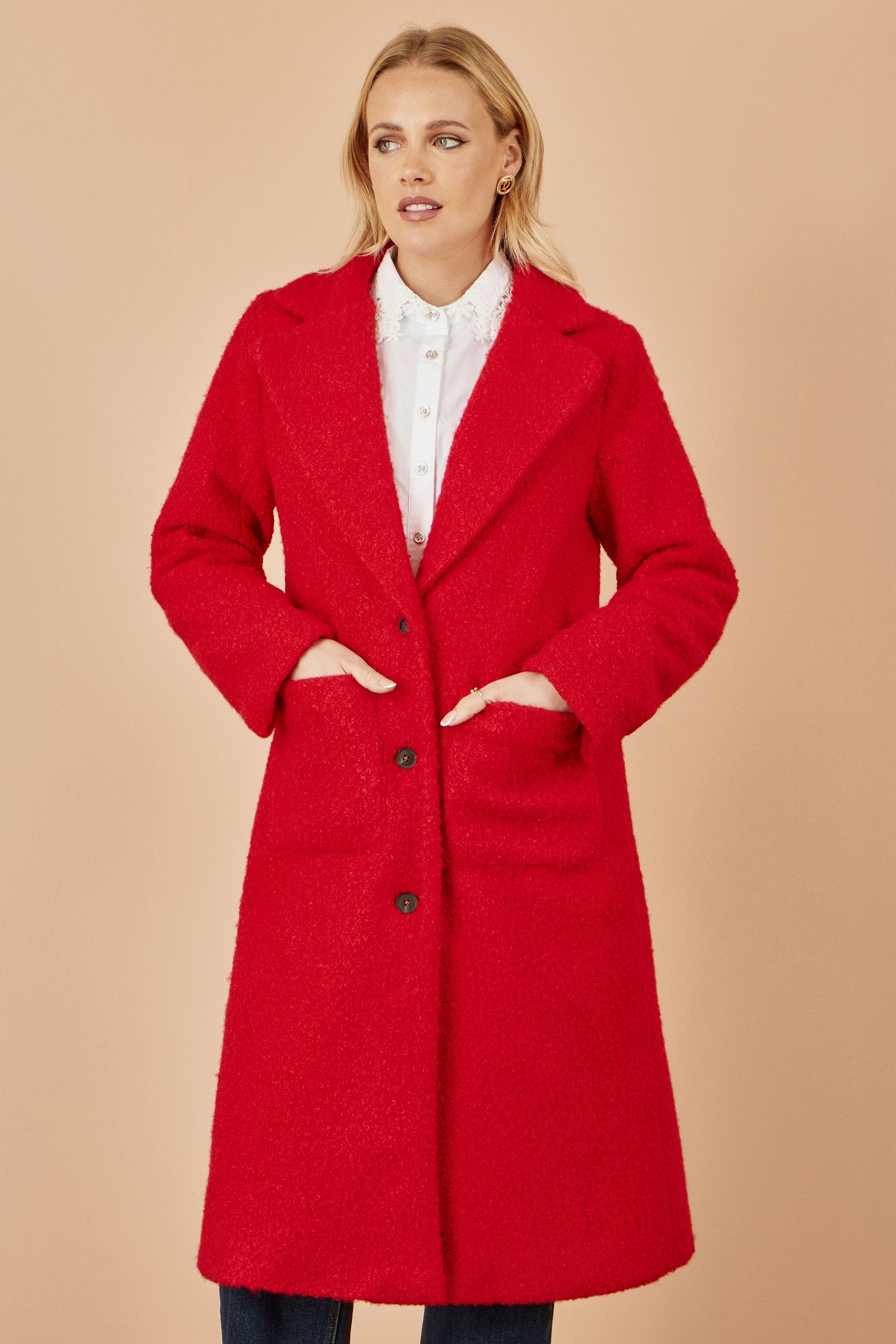 Red Boucle Long Line Coat - Miola