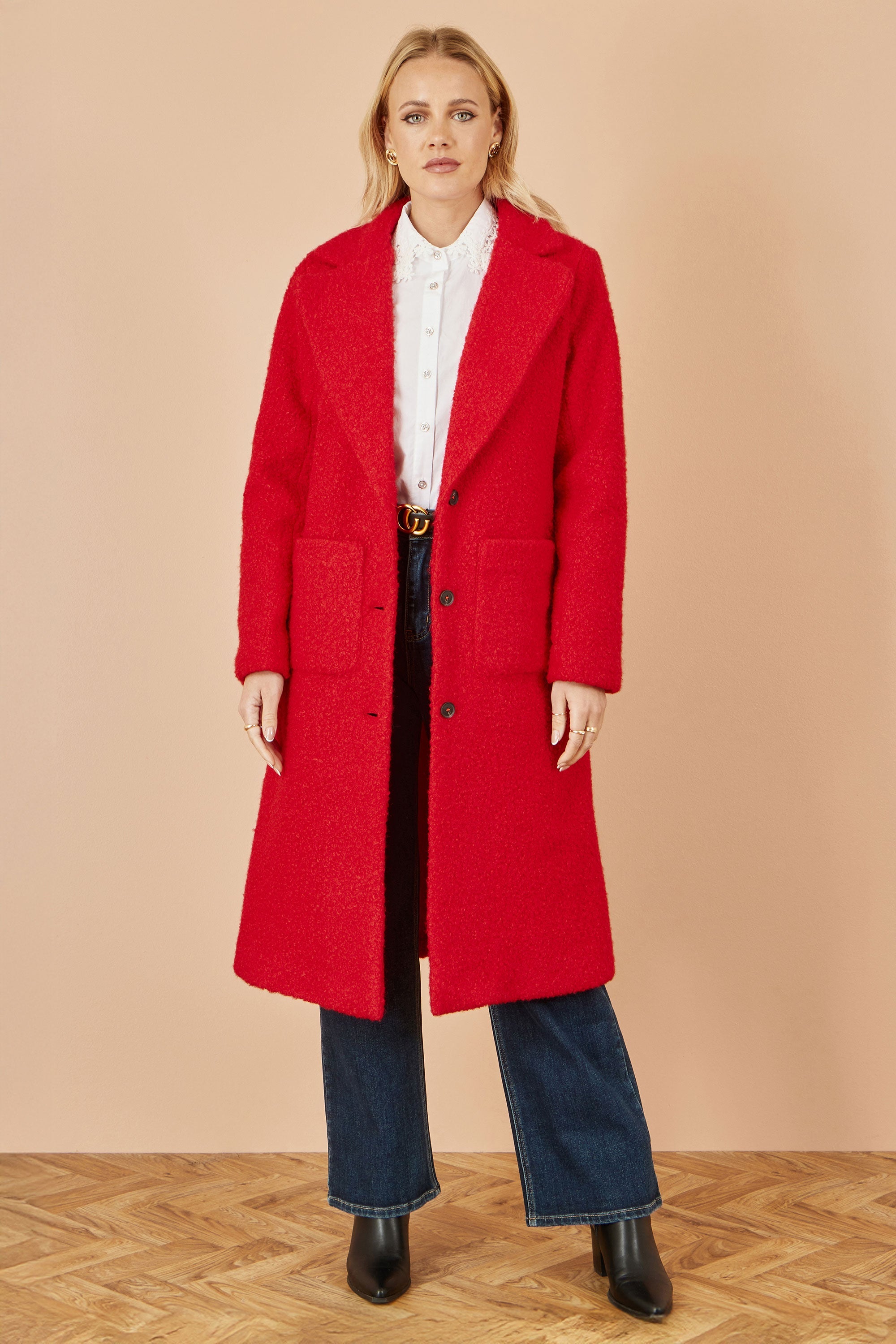 Red Boucle Long Line Coat - Miola