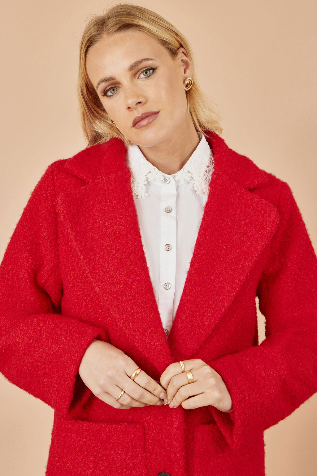 Red Boucle Long Line Coat - Miola