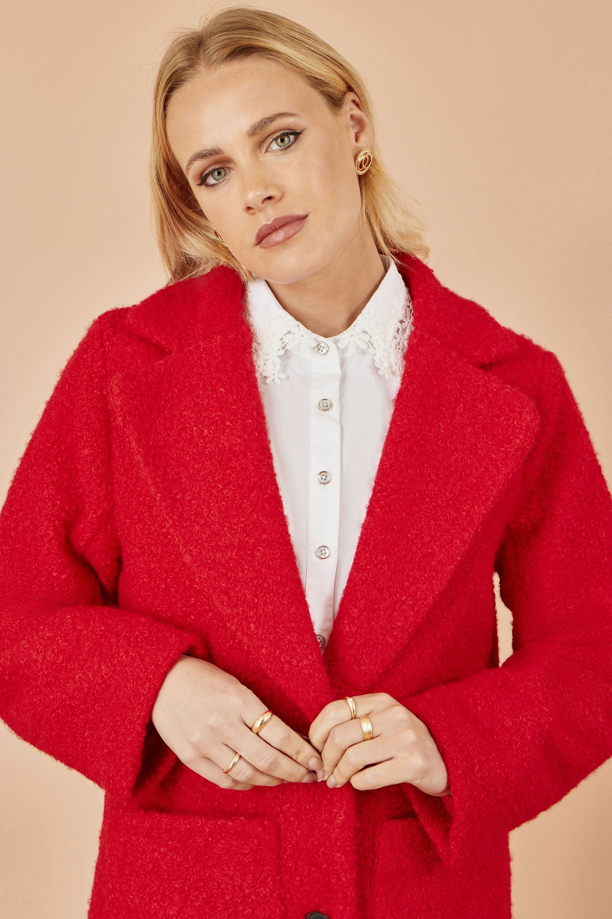 Red Boucle Long Line Coat - Miola
