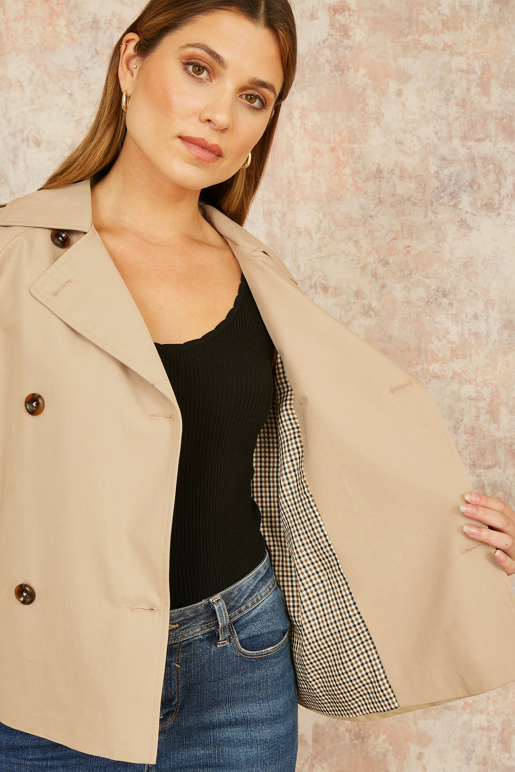 Beige Cropped Trench Jacket With Pockets and Check Lining