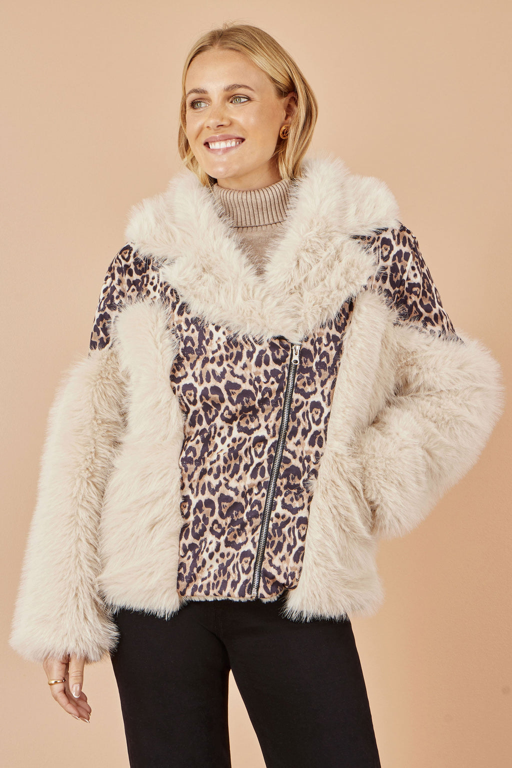 Cream Fur Biker Jacket With Leopard Print