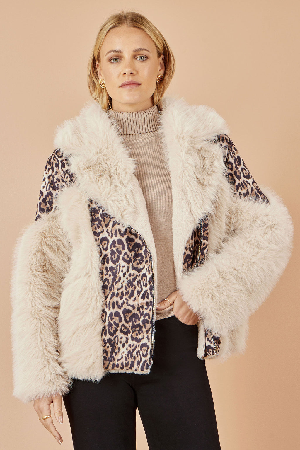 Cream Fur Biker Jacket With Leopard Print