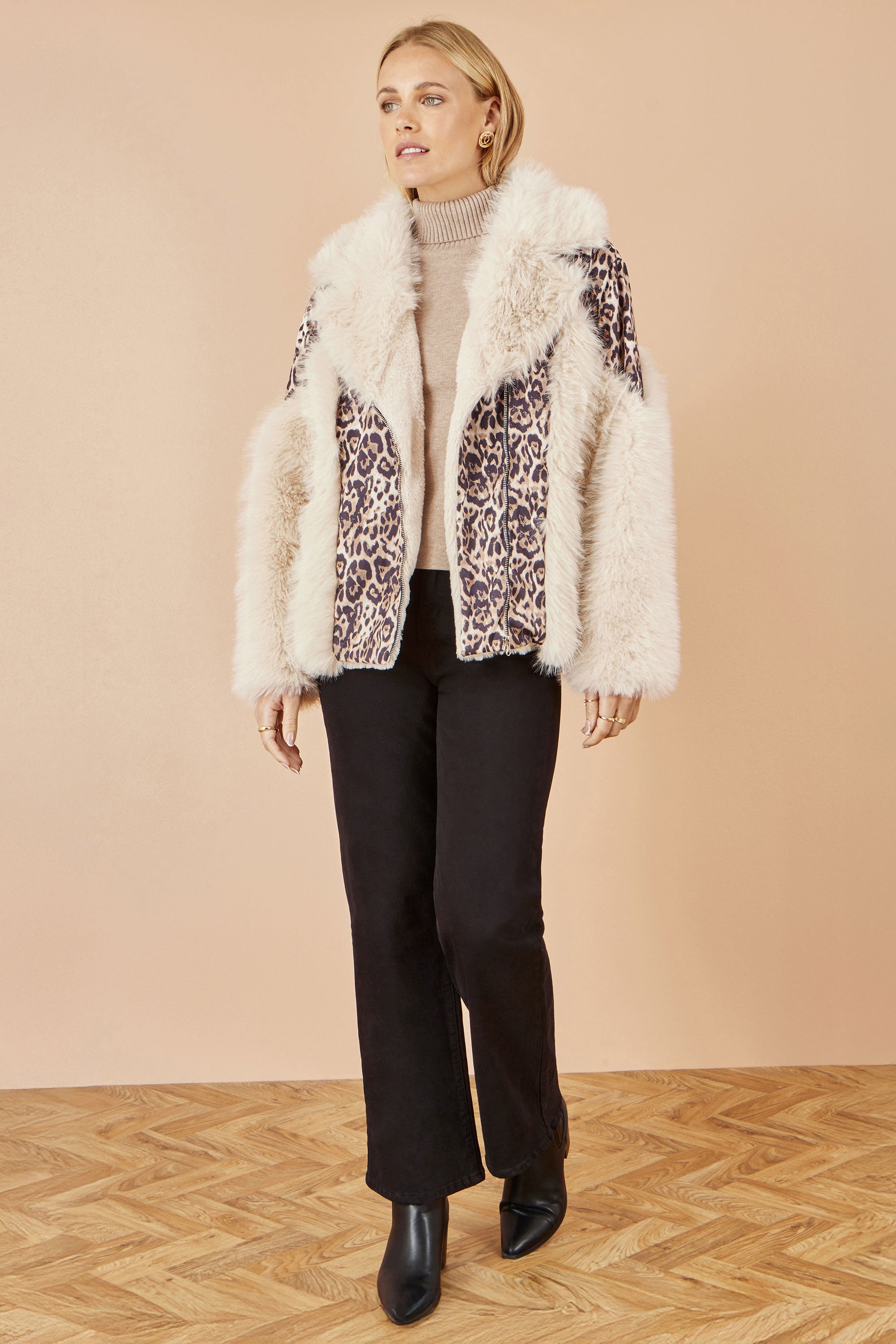 Cream Fur Biker Jacket With Leopard Print