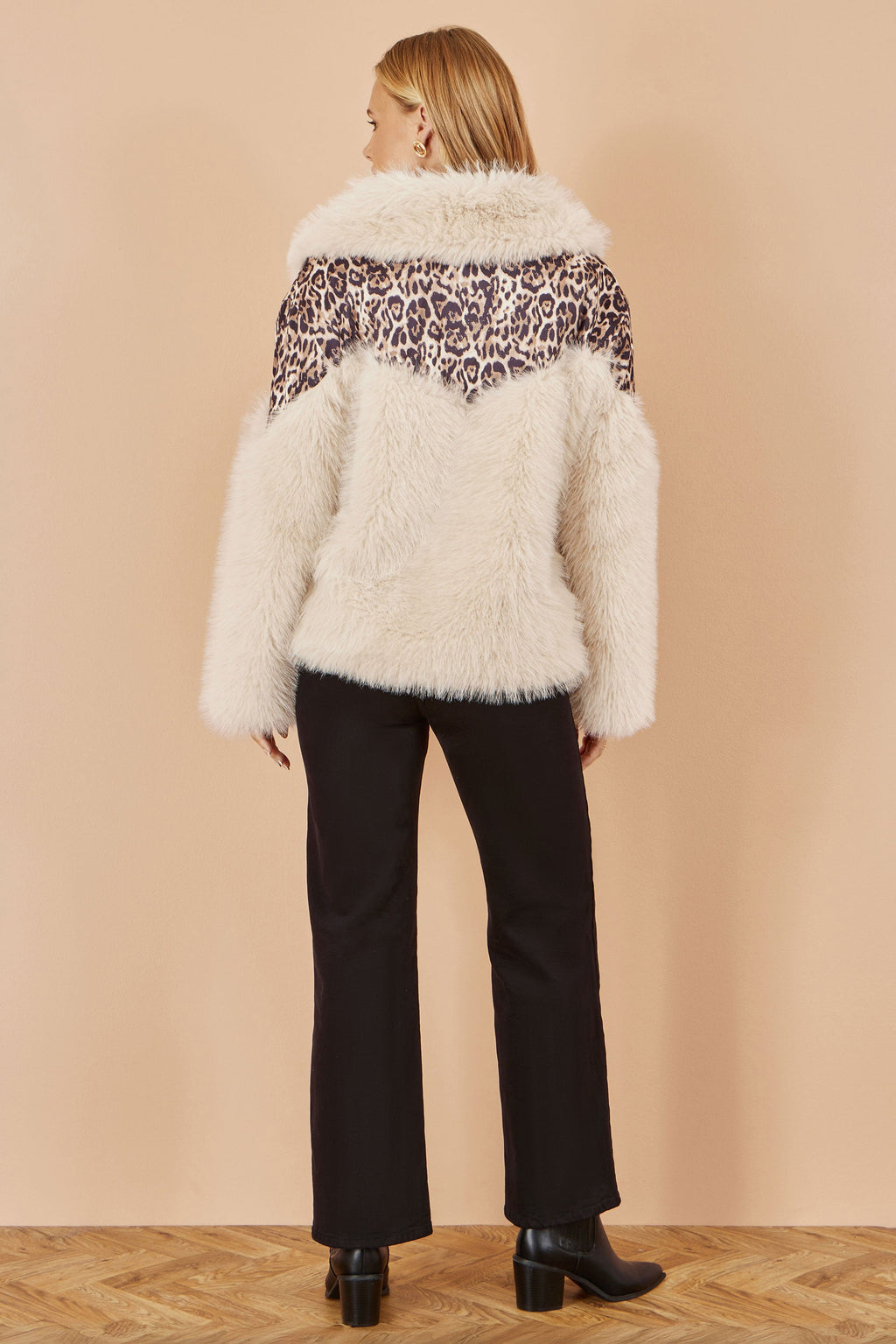 Cream Fur Biker Jacket With Leopard Print