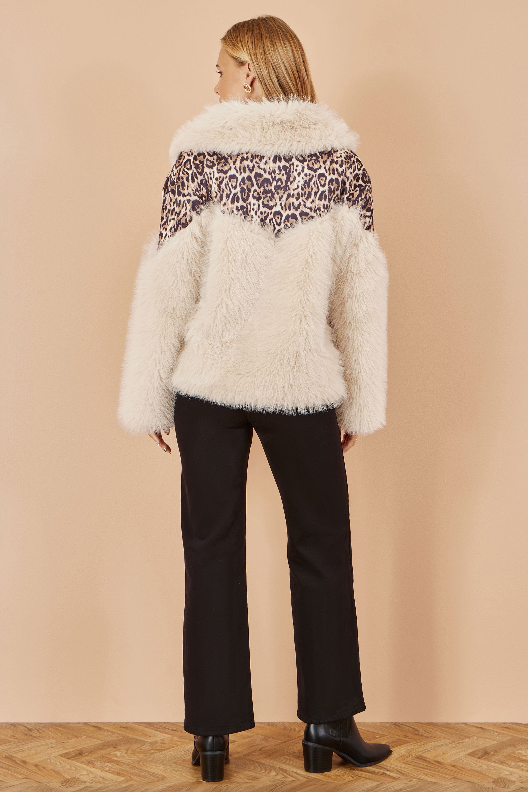 Cream Fur Biker Jacket With Leopard Print