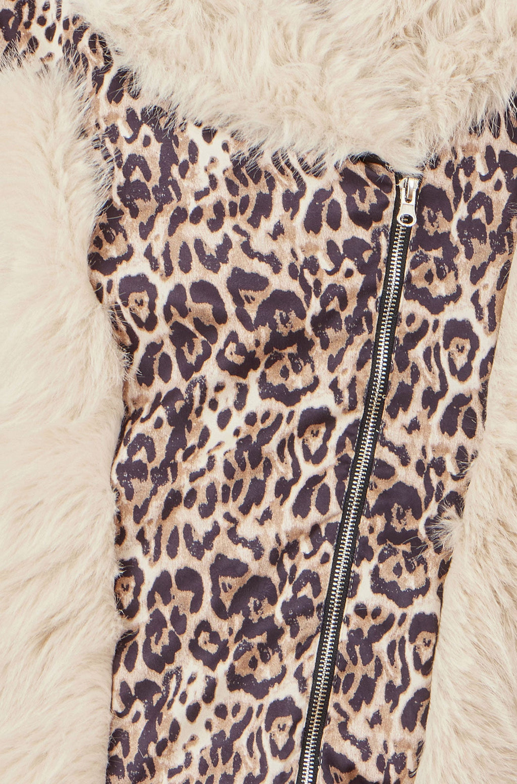 Cream Fur Biker Jacket With Leopard Print