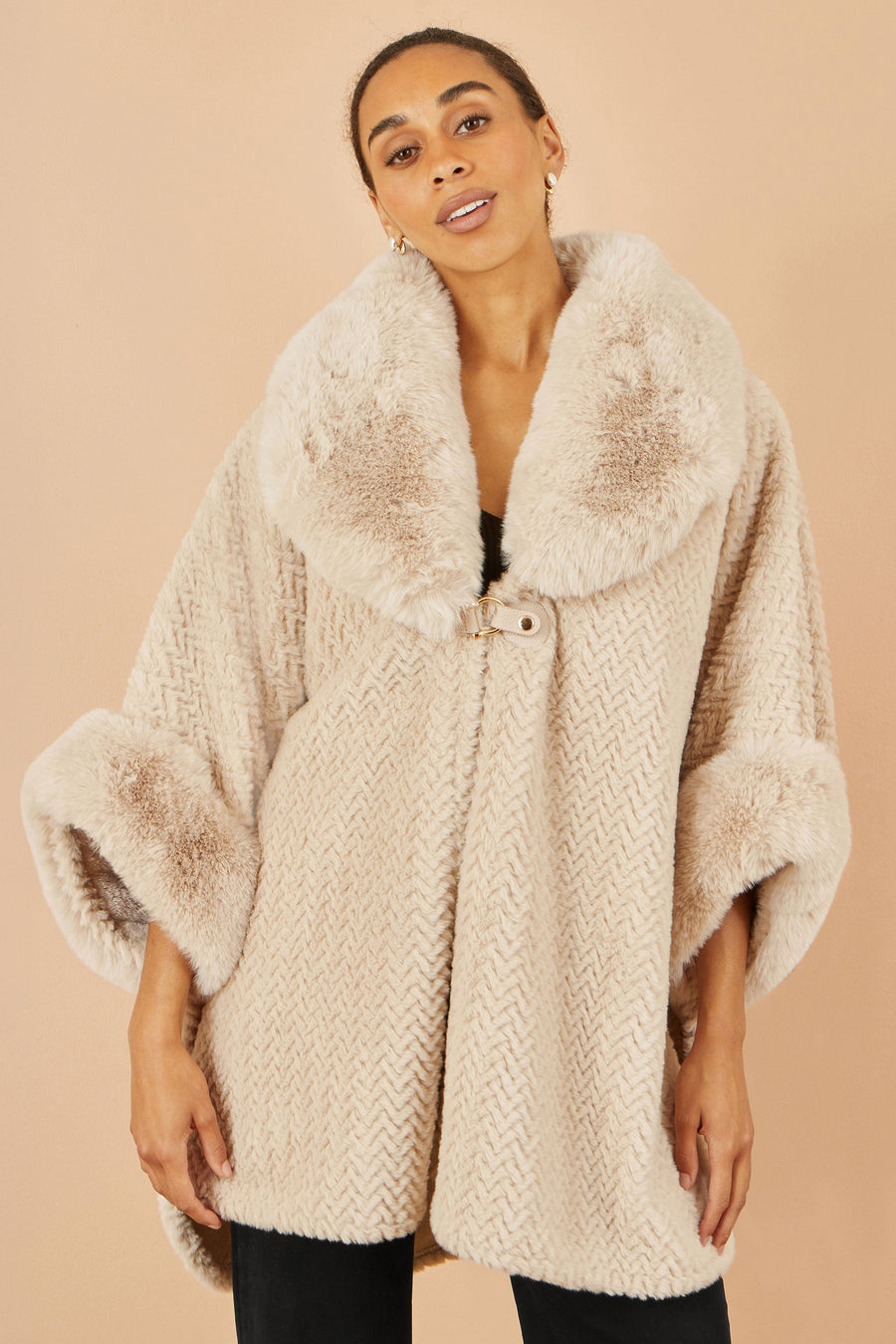 Beige Textured Fur Lined Cape