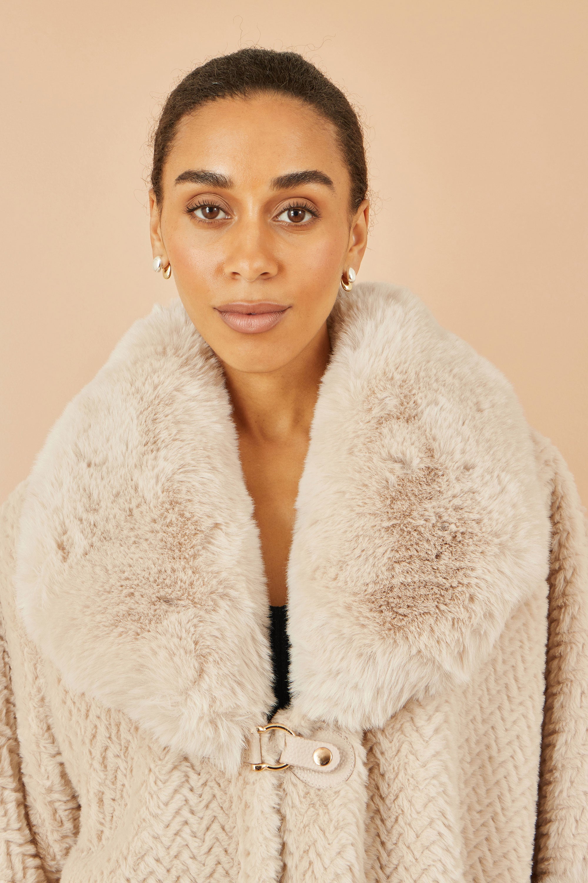 Beige Textured Fur Lined Cape