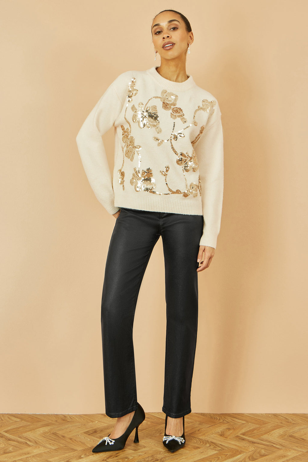 Cream Relaxed Knitted Jumper With Sequin Detail