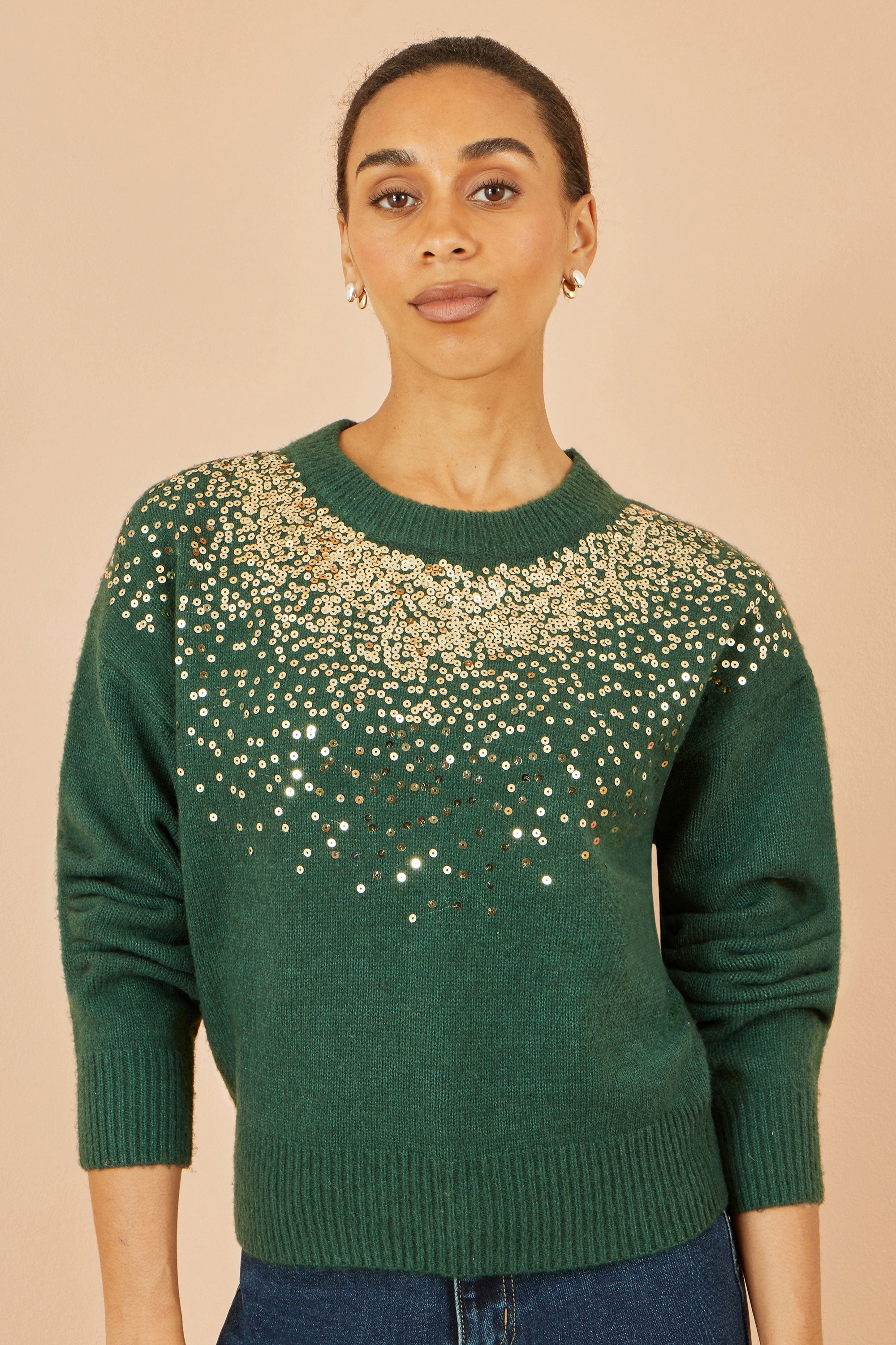 Green Relaxed Knitted Jumper With Scattered Sequin Neckline