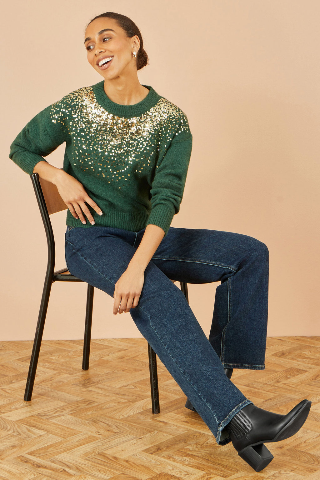 Green Relaxed Knitted Jumper With Scattered Sequin Neckline