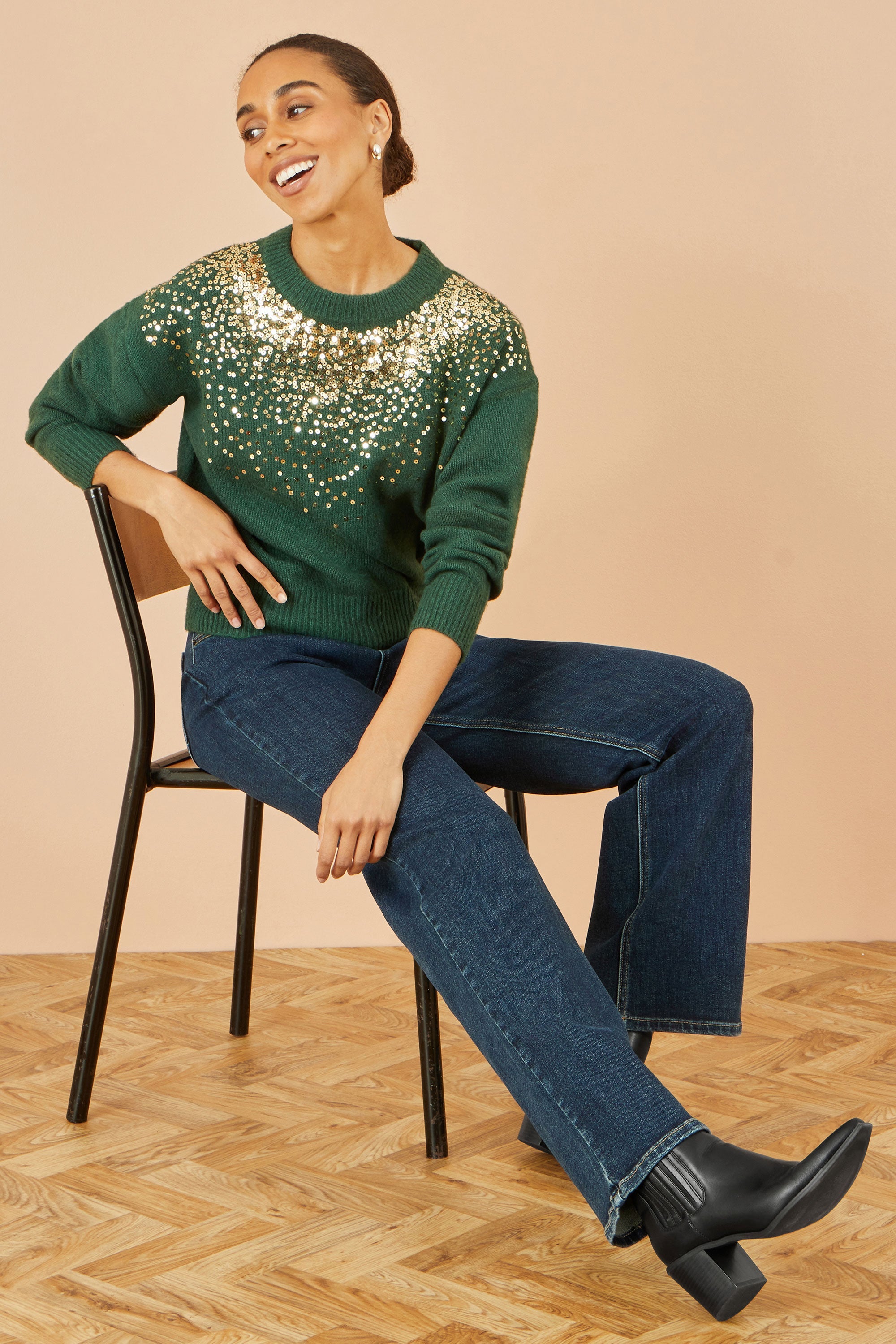 Green Relaxed Knitted Jumper With Scattered Sequin Neckline