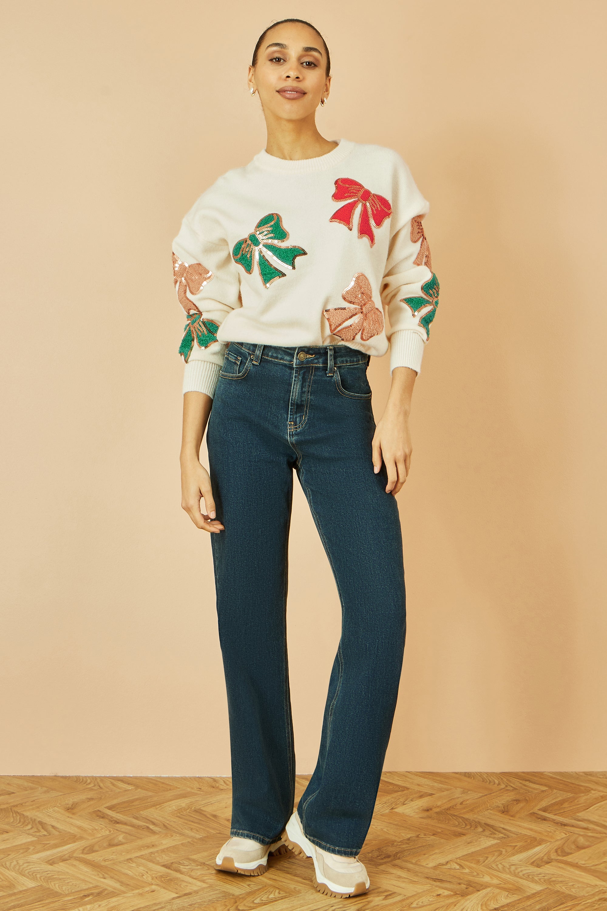 White Sequinned Bow Relaxed Fit Jumper