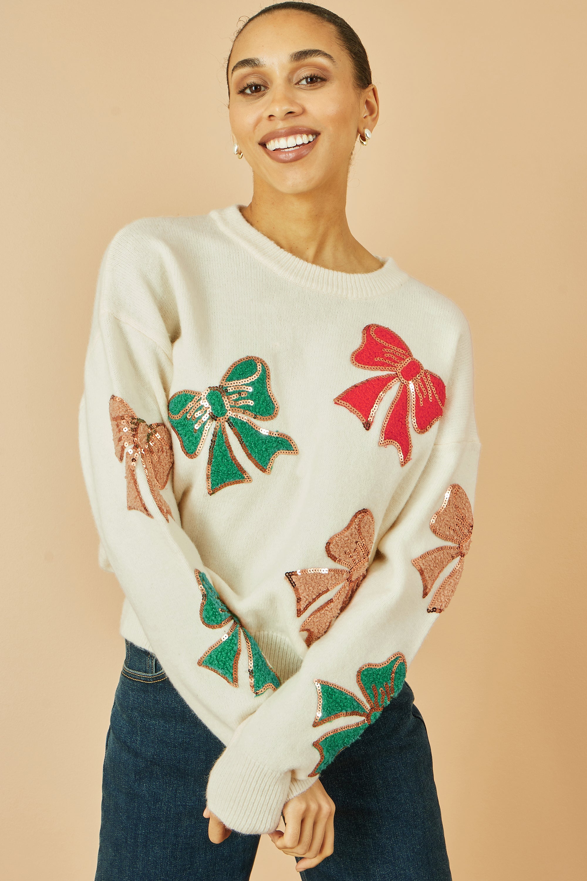 White Sequinned Bow Relaxed Fit Jumper