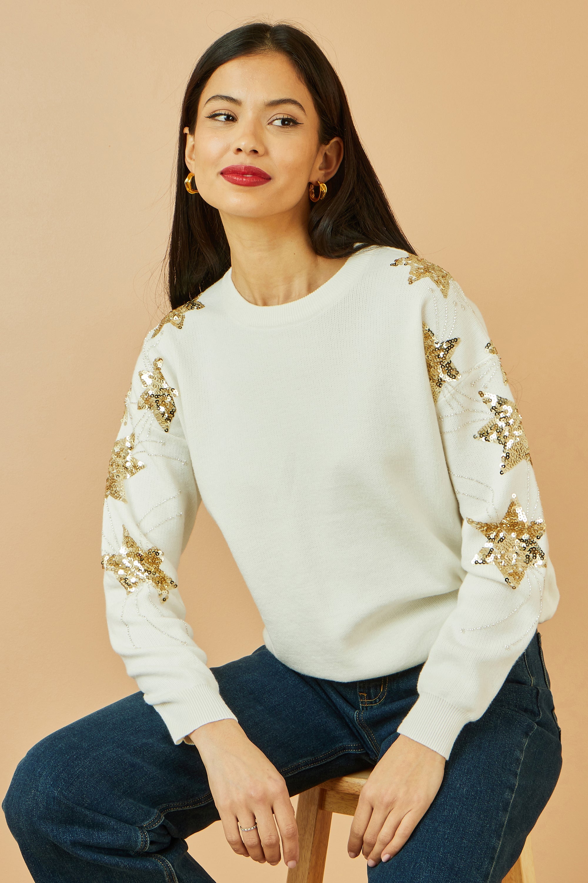White Relaxed Fit Jumper With Sequin Star Sleeves