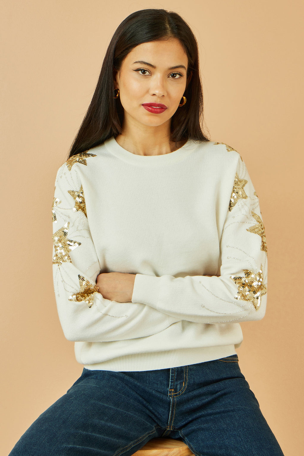 White Relaxed Fit Jumper With Sequin Star Sleeves
