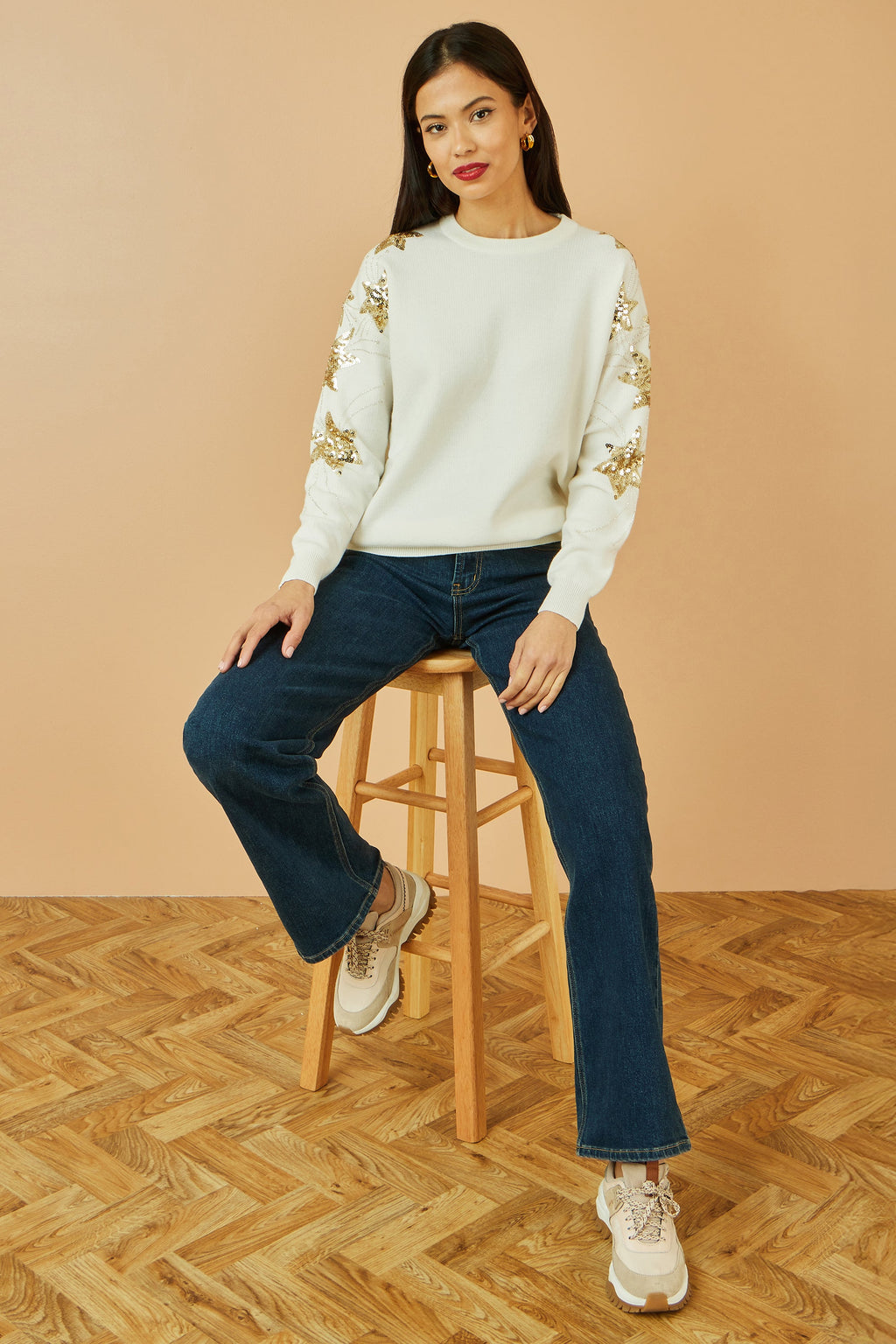 White Relaxed Fit Jumper With Sequin Star Sleeves