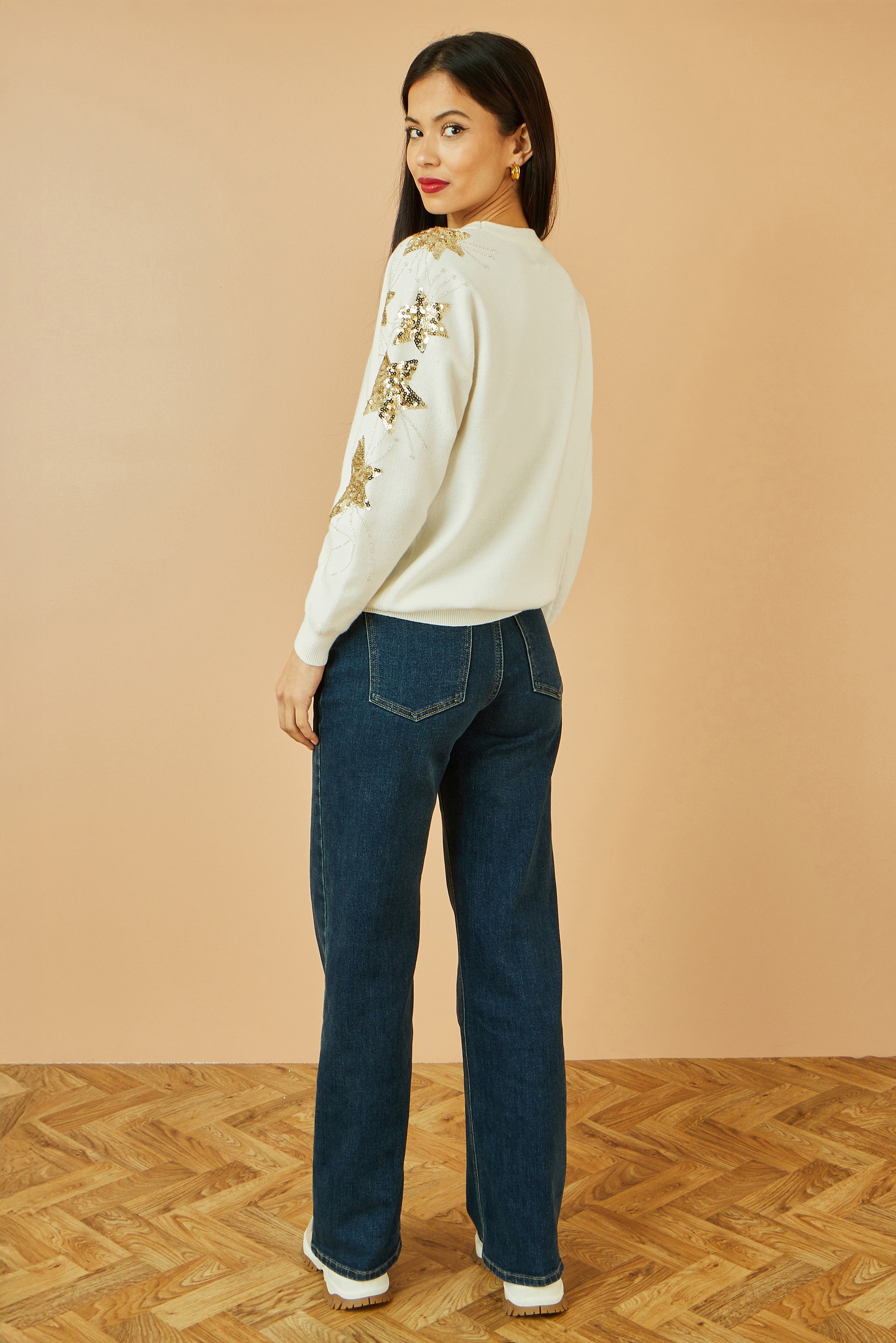 White Relaxed Fit Jumper With Sequin Star Sleeves