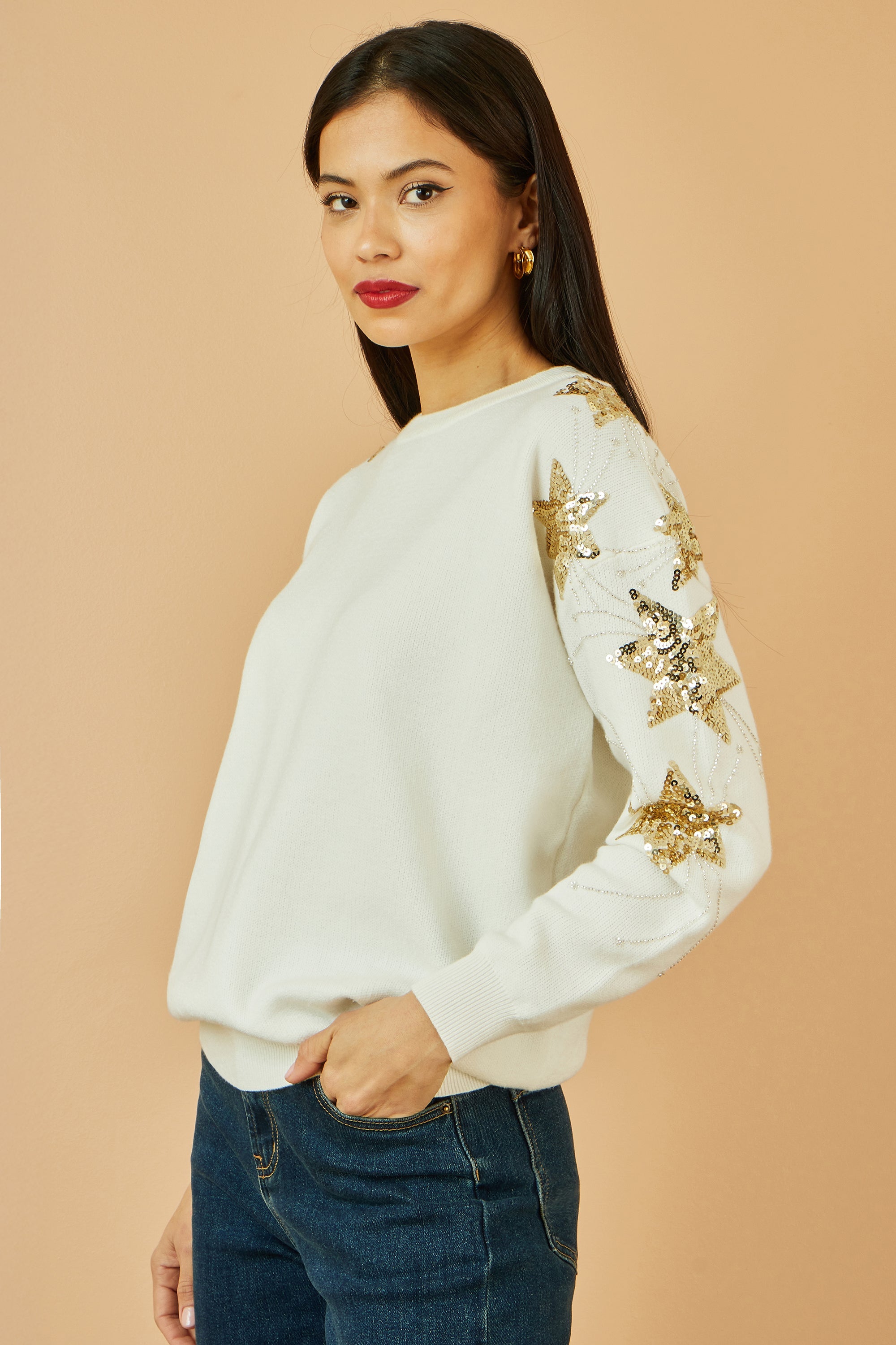 White Relaxed Fit Jumper With Sequin Star Sleeves