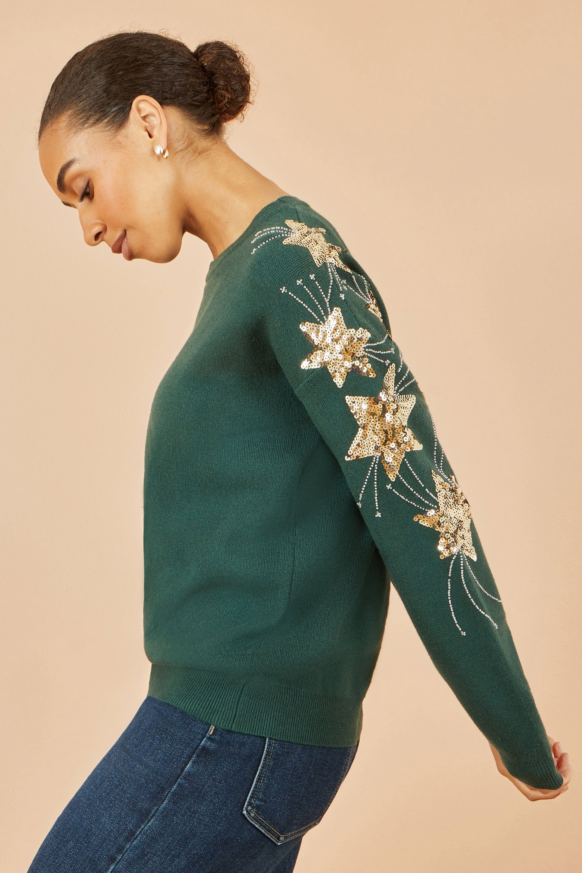 Green Relaxed Fit Jumper With Sequin Star Sleeves