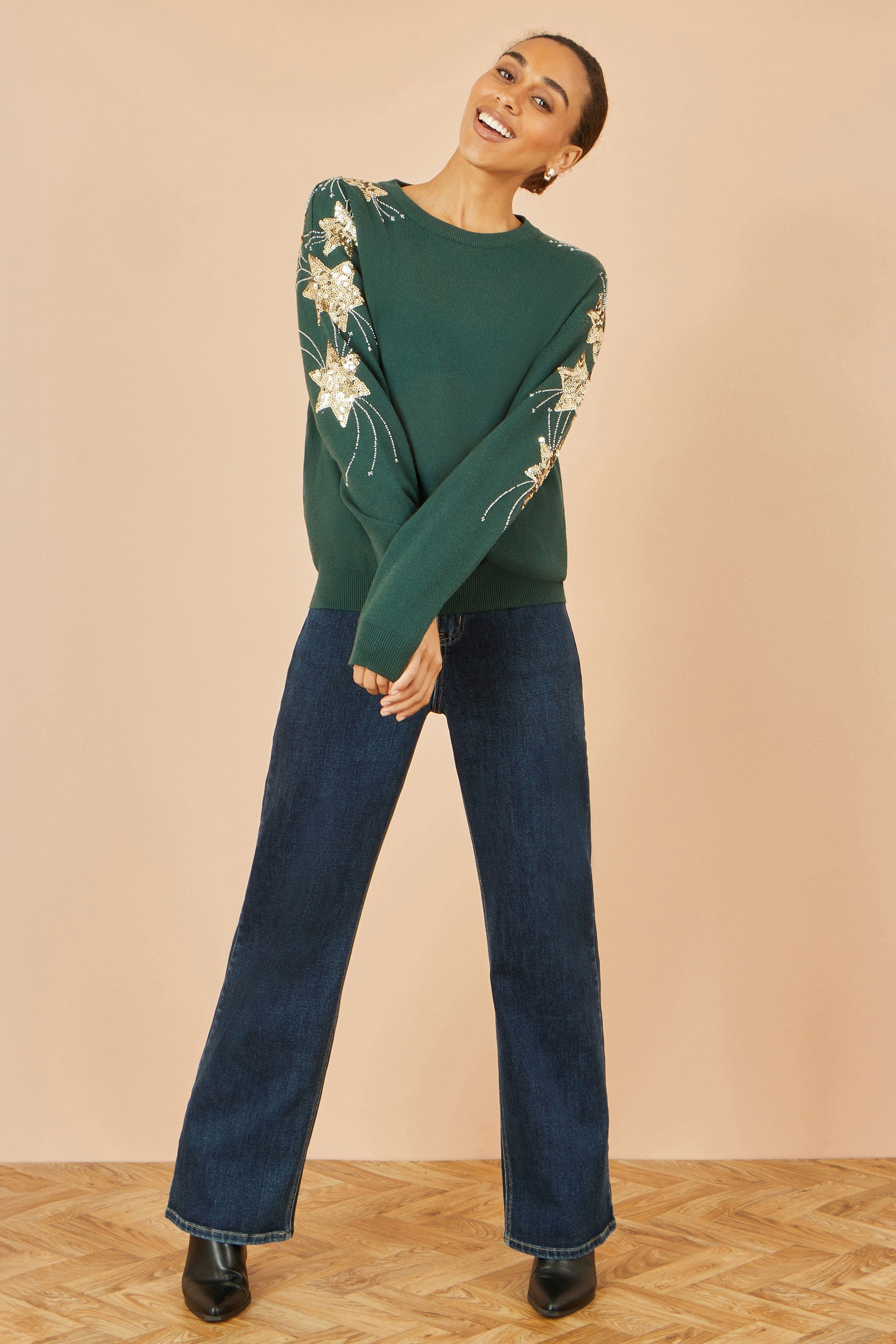 Green Relaxed Fit Jumper With Sequin Star Sleeves