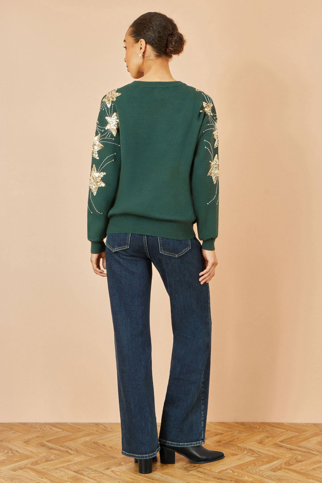 Green Relaxed Fit Jumper With Sequin Star Sleeves