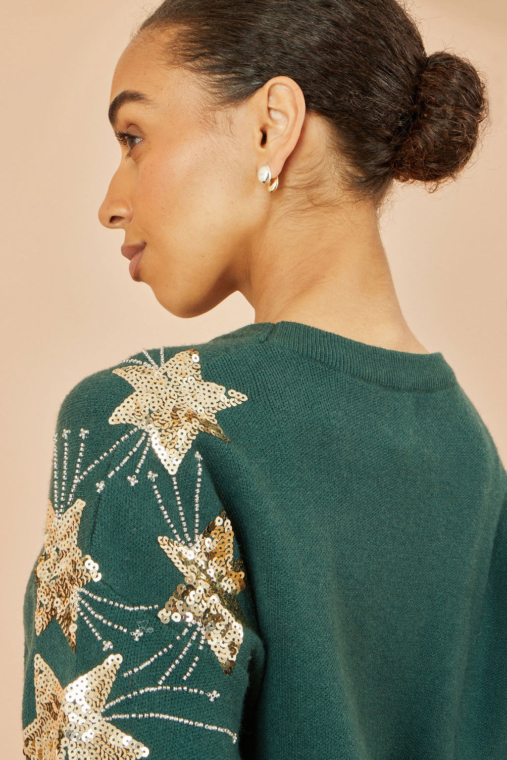 Green Relaxed Fit Jumper With Sequin Star Sleeves