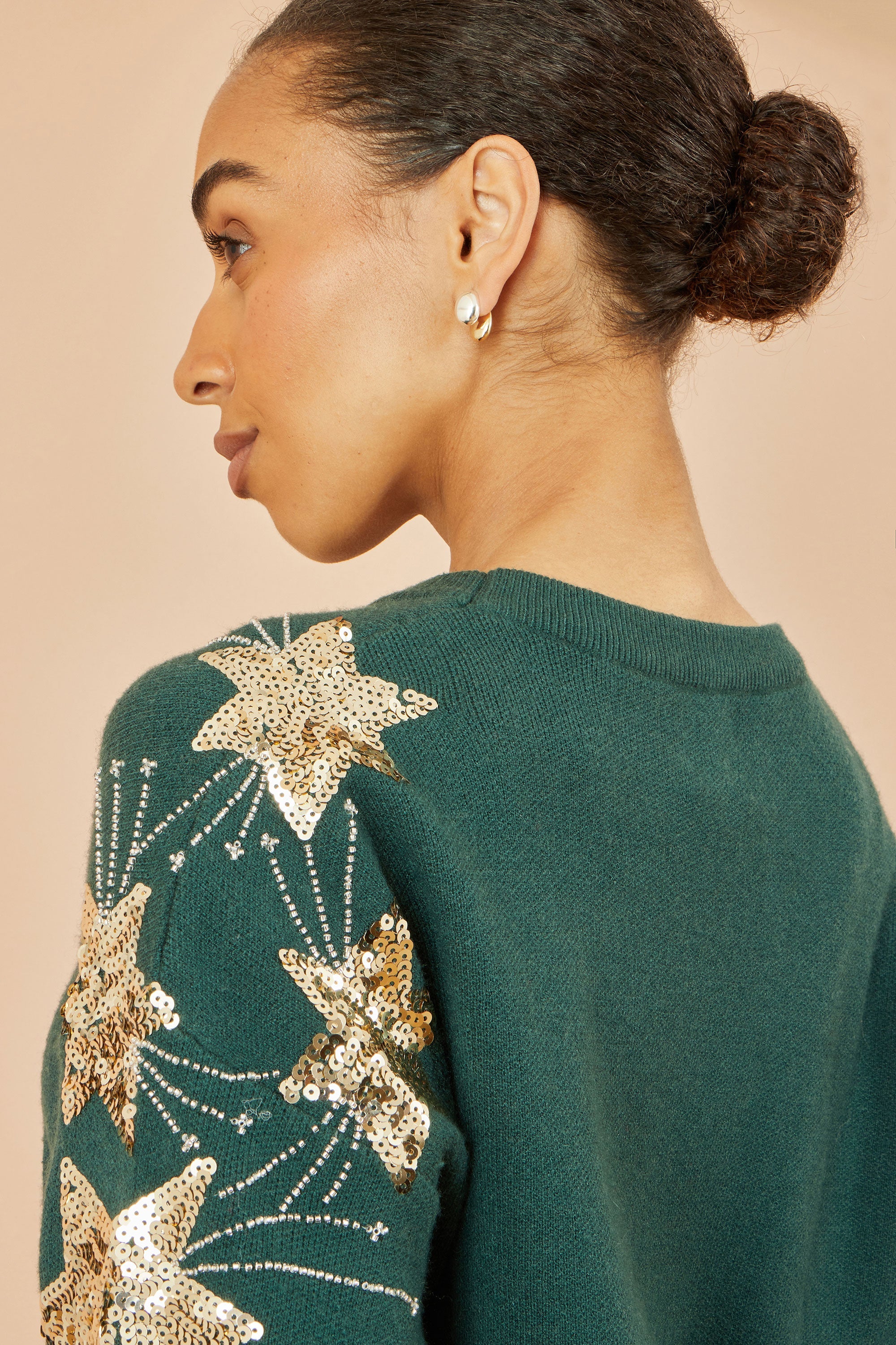 Green Relaxed Fit Jumper With Sequin Star Sleeves