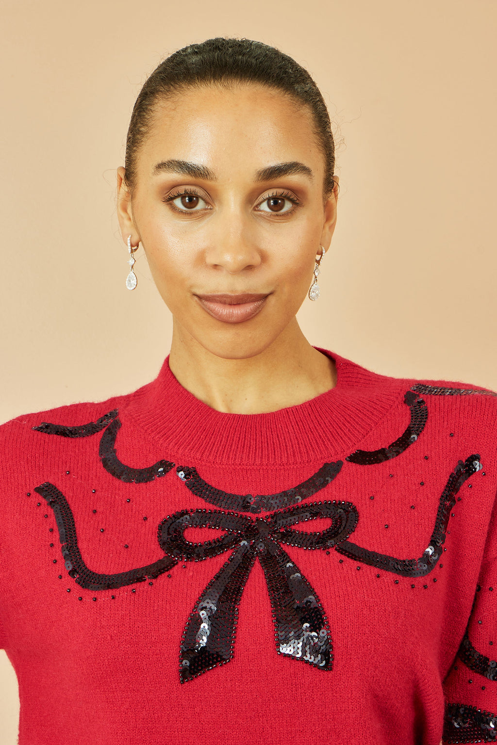 Red Sequinned Bow Neckline Jumper