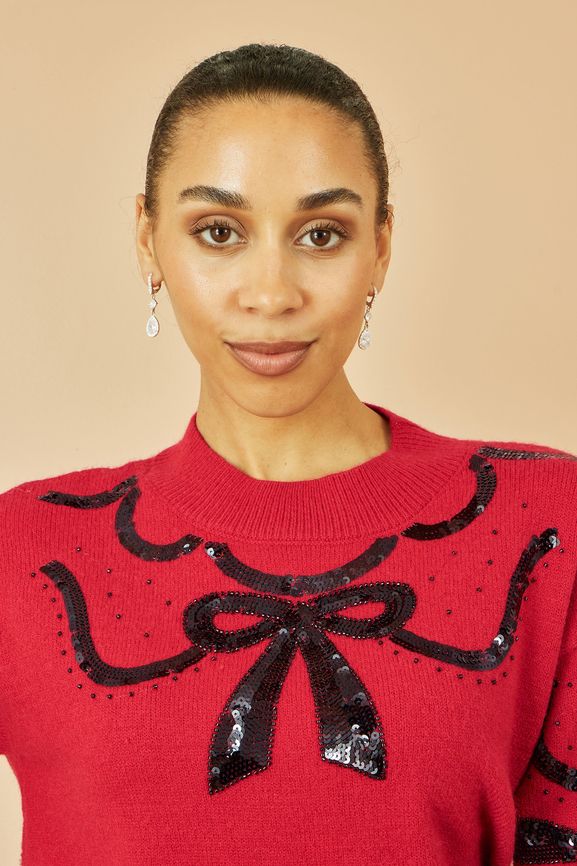 Red Sequinned Bow Neckline Jumper