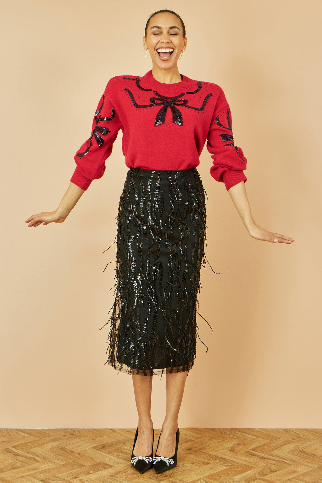 Red Sequinned Bow Neckline Jumper