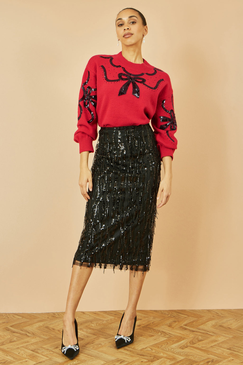 Red Sequinned Bow Neckline Jumper