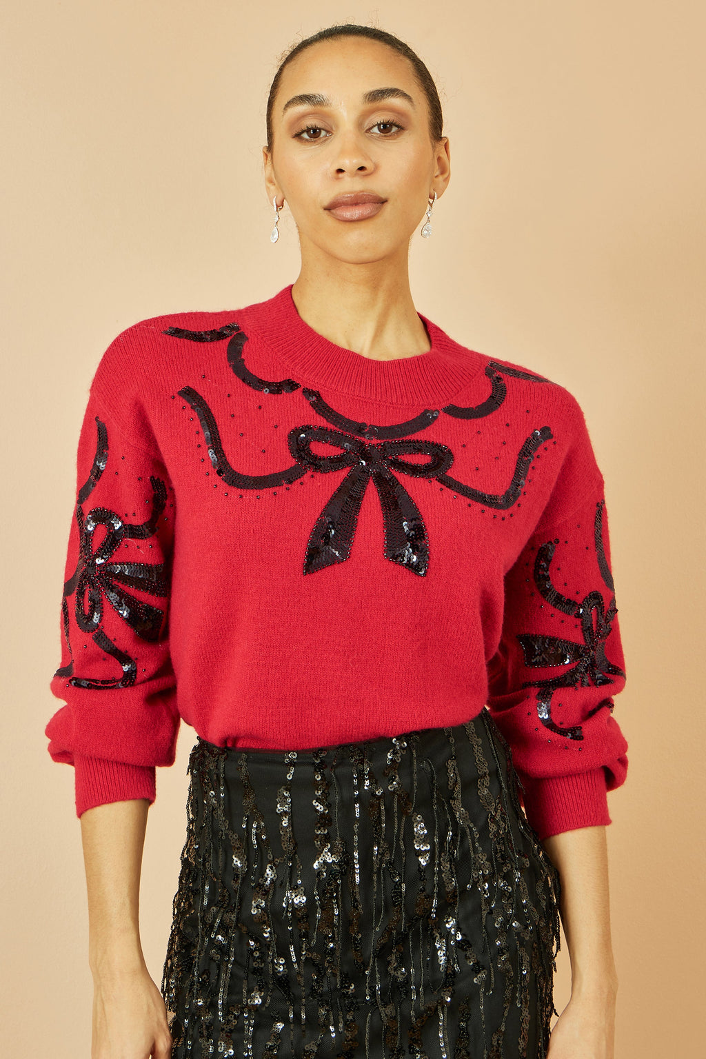 Red Sequinned Bow Neckline Jumper
