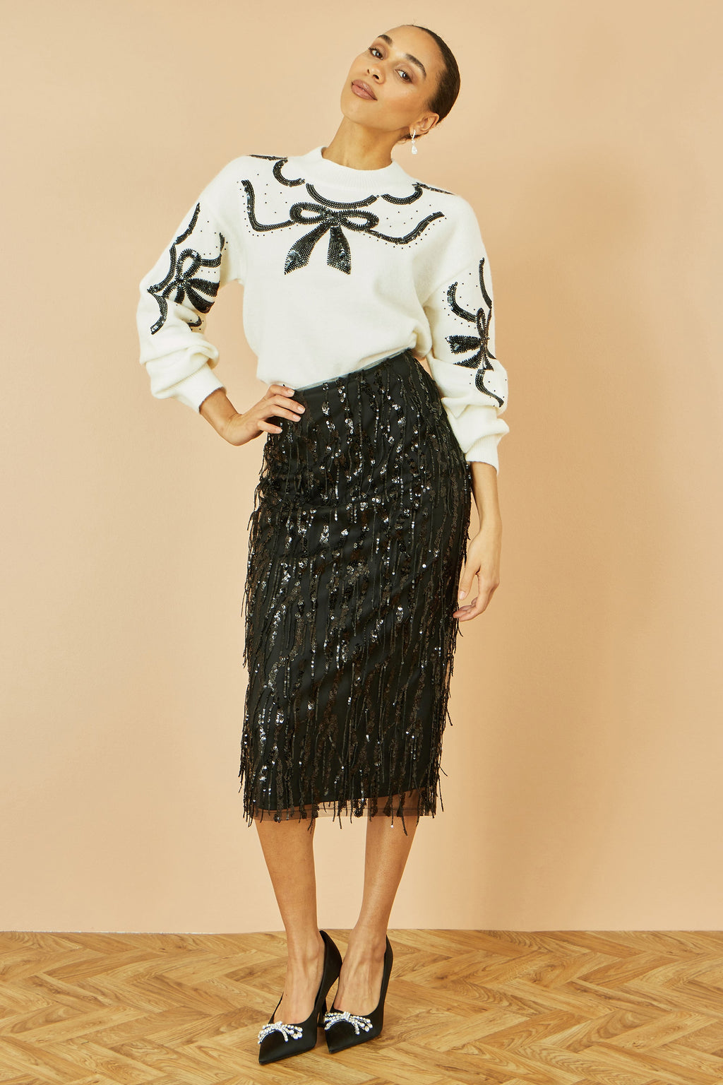 White Sequinned Bow Neckline Jumper