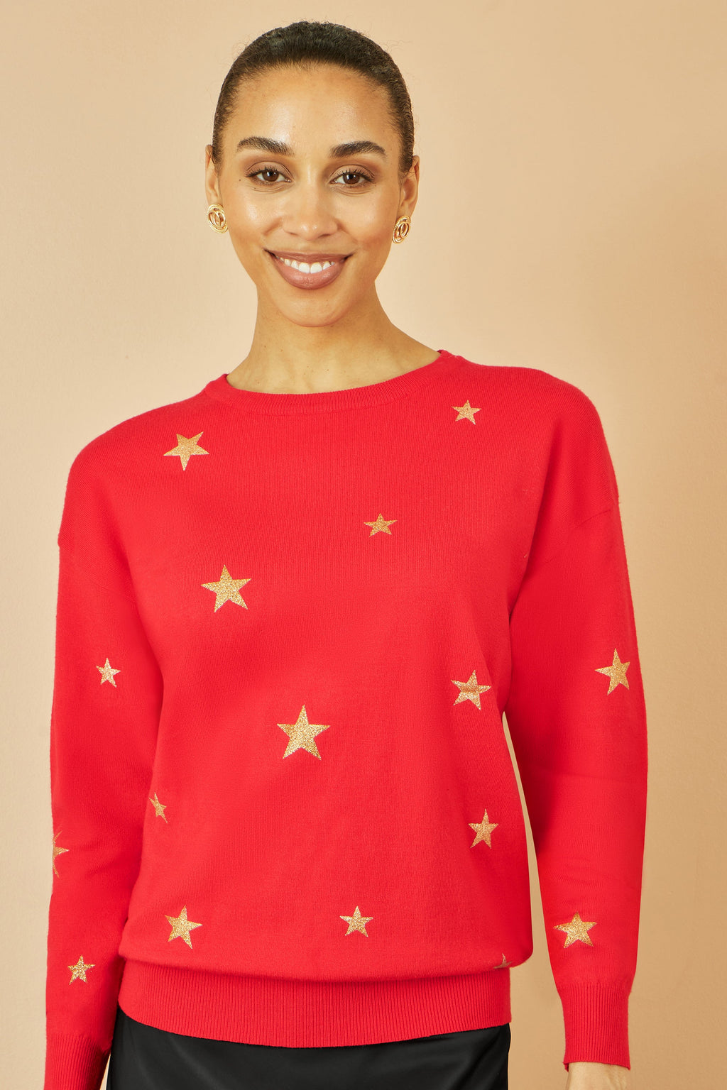 Red Gold Foil Star Print Relaxed Fit Jumper
