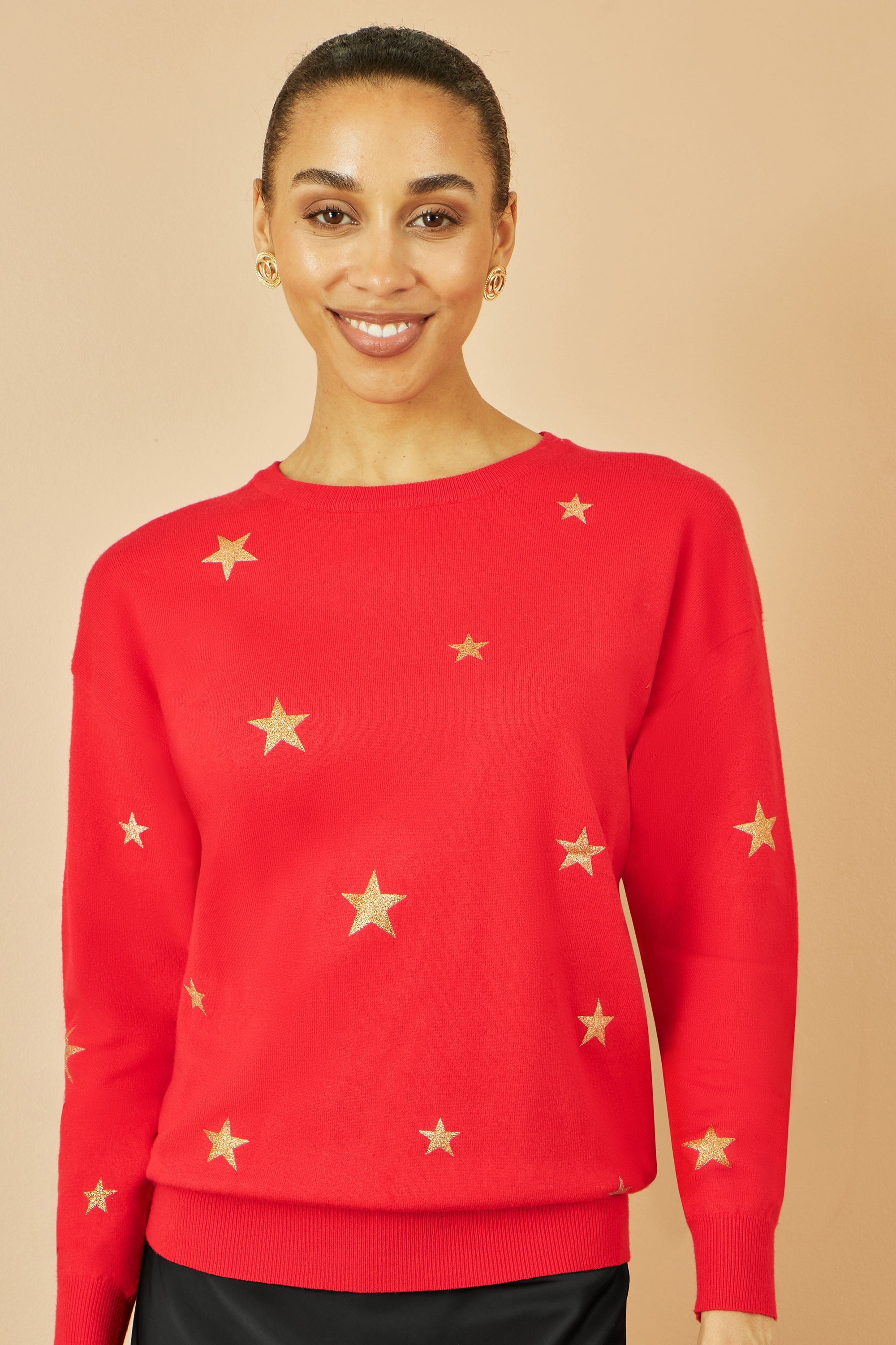 Red Gold Foil Star Print Relaxed Fit Jumper