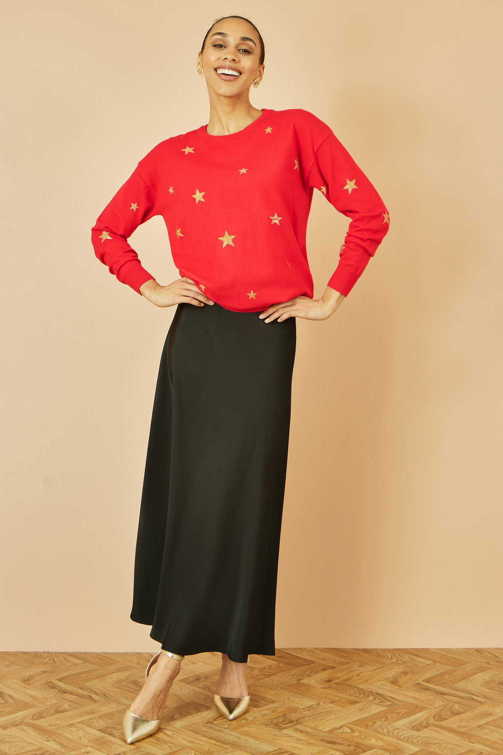Red Gold Foil Star Print Relaxed Fit Jumper