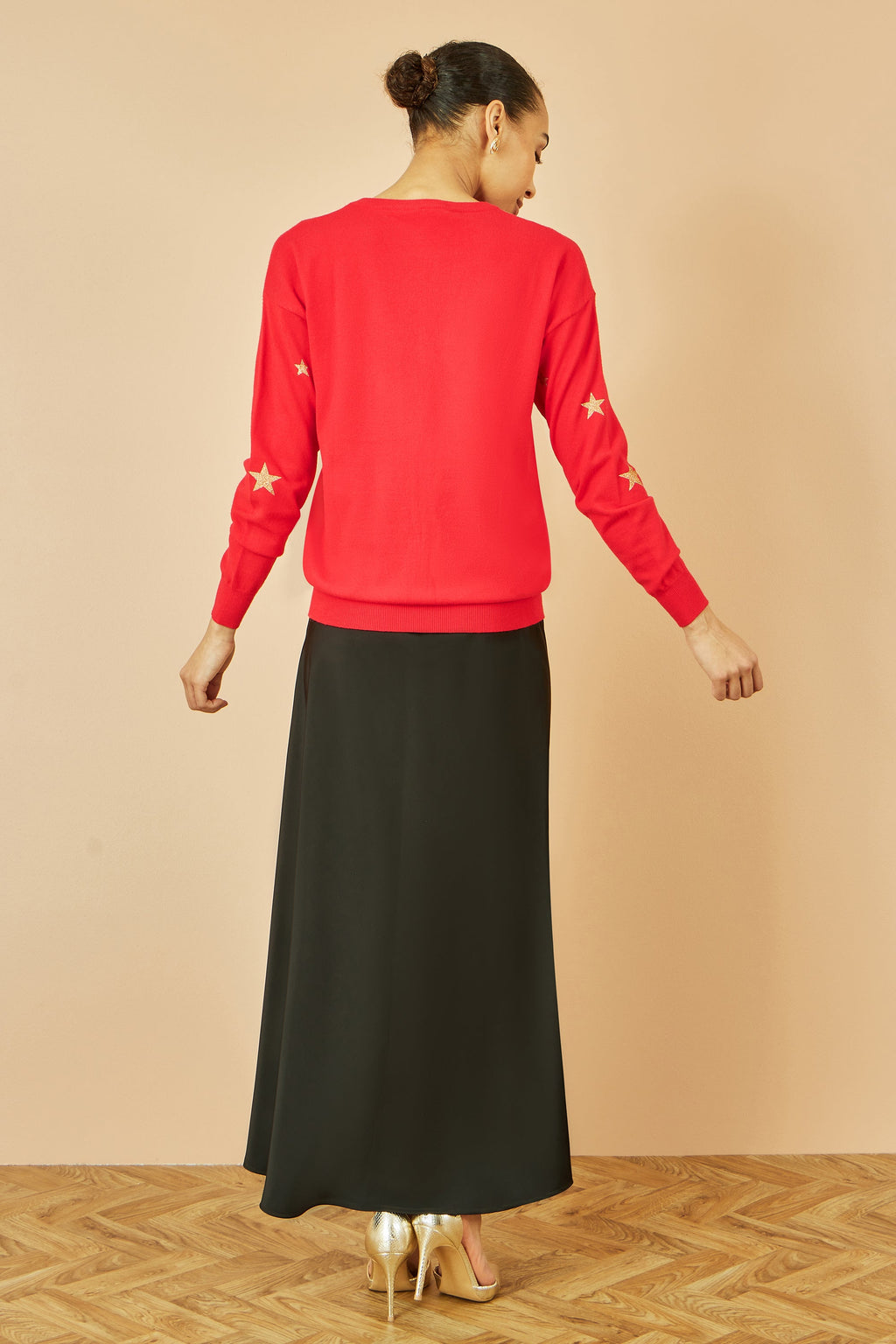 Red Gold Foil Star Print Relaxed Fit Jumper