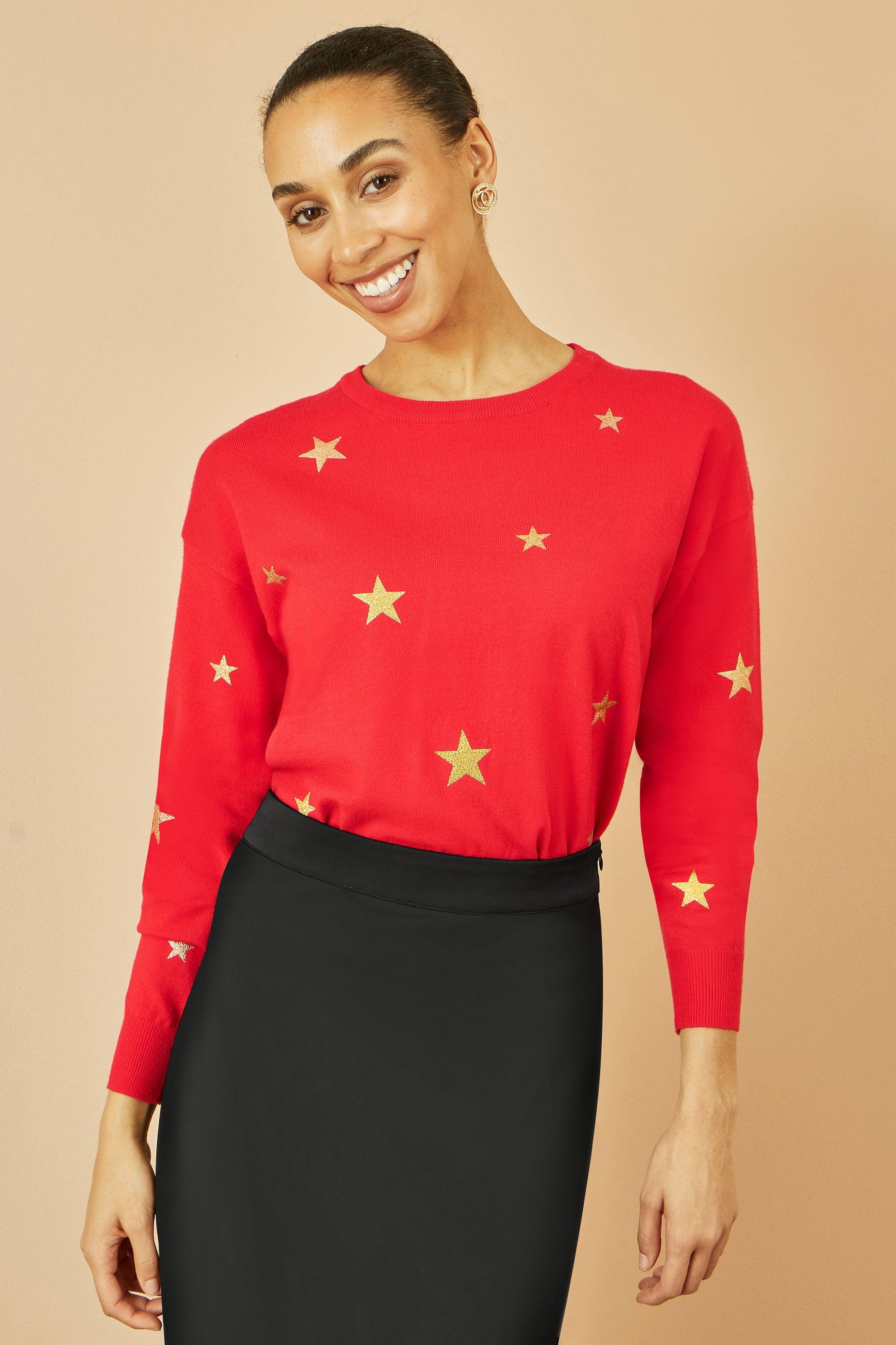 Red Gold Foil Star Print Relaxed Fit Jumper