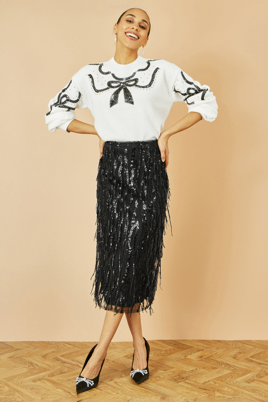 Black Hanging Sequin Fitted Midi Skirt