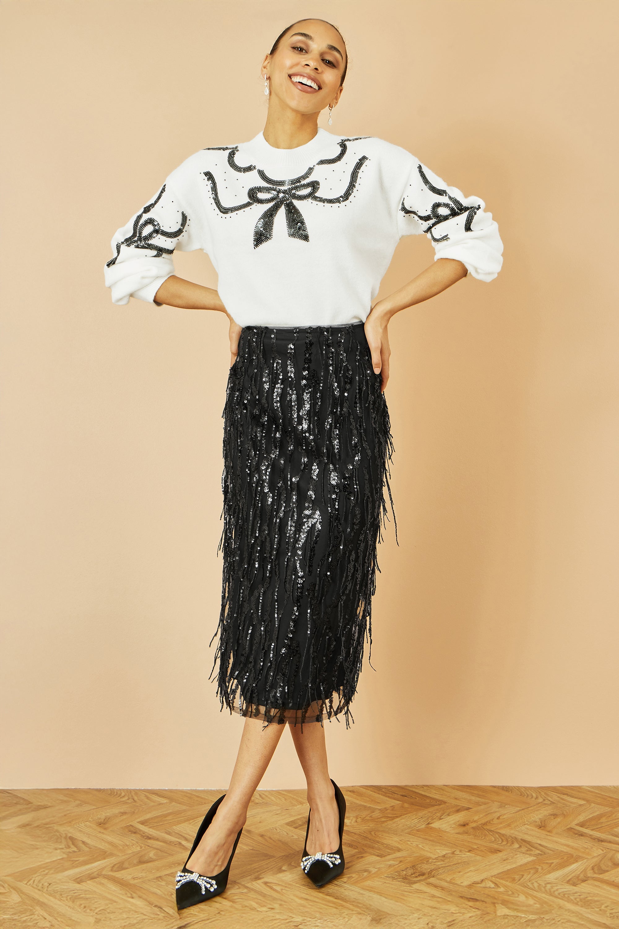 Black Hanging Sequin Fitted Midi Skirt