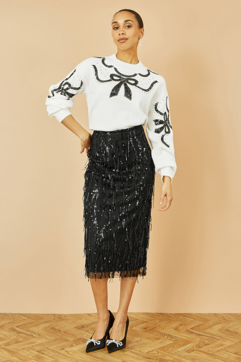 Black Hanging Sequin Fitted Midi Skirt