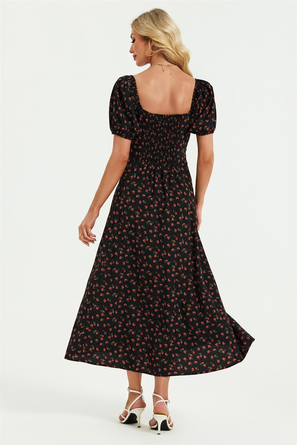 Puff Sleeve Heart Neckline Midi Dress In Black