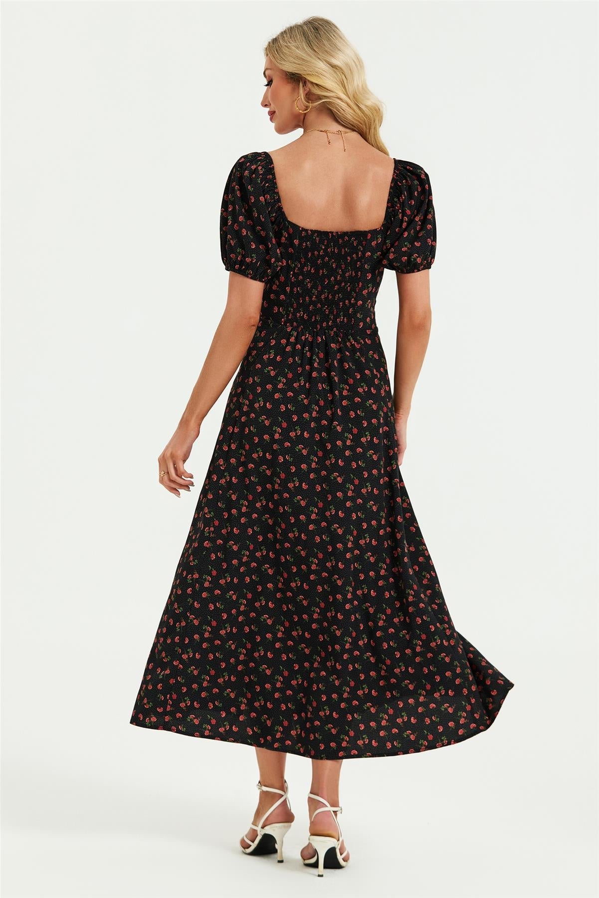 Puff Sleeve Heart Neckline Midi Dress In Black