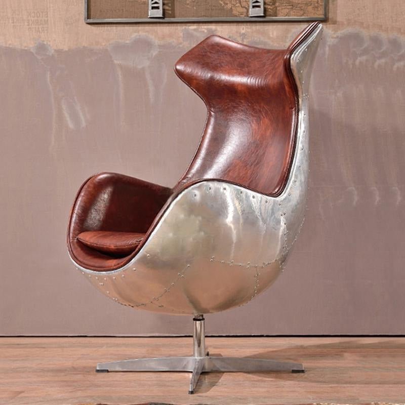 Aviator Egg Chair, Brown Leather & Aluminium - Miola