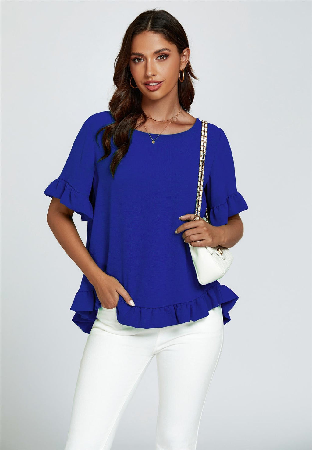 Frill Detail Short Sleeves Top In Royal Blue